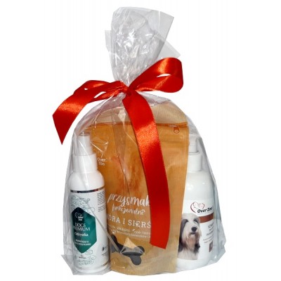 Over Zoo Zestaw świąteczny Szampon dla psów długowłosych + Odżywka ułatwiająca rozczesywanie + przysmaki