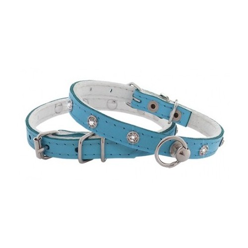 CHABA Obroża skórzana z cyrkonią 10mm/30cm błękitna