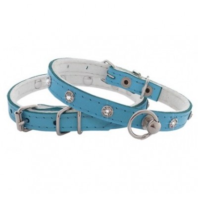 CHABA Obroża skórzana z cyrkonią 10mm/30cm błękitna