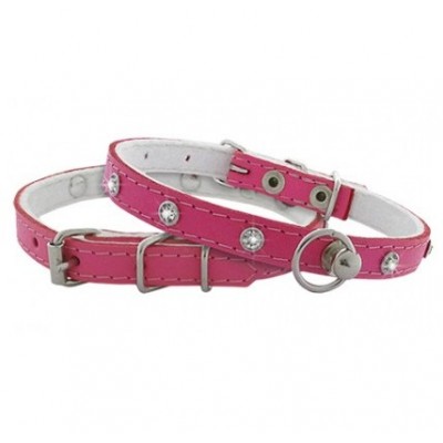 CHABA Obroża skórzana z cyrkonią 10mm/30cm różowa