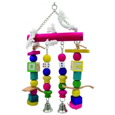 Panama Pet wisząca zabawka z drewna ze sznurkiem z koralikami i dzwonkiem 22 cm