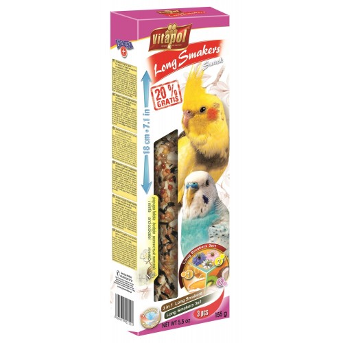 Smakers Long mix 3 smaki owoce tropikalne/z czarnuszką/jajeczno-miodowy dla papużki falistej i nimfy